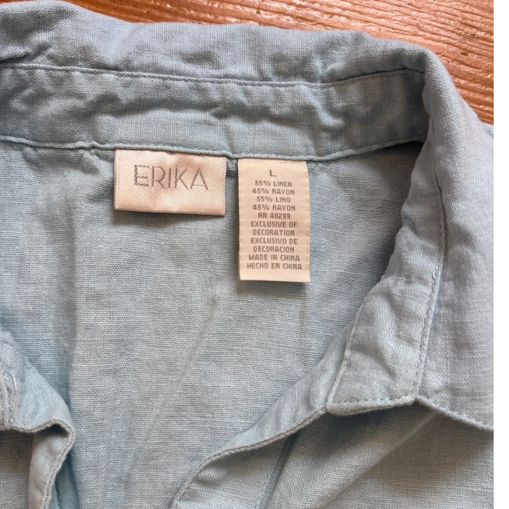 Erika Linen Blend Set Womens Blue Excellent Embroidered Button Up Crop SIZE L - Picture 2 of 6